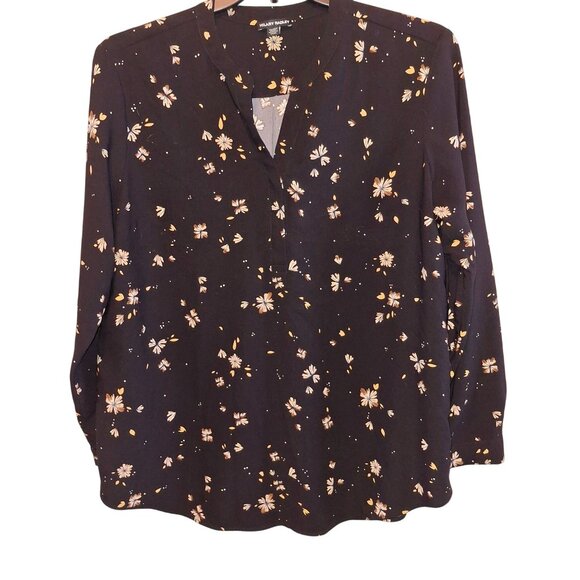 Hilary Radley Womens Black Floral Print Blouse XL 100% Polyester Long Sleeve But - Picture 1 of 6